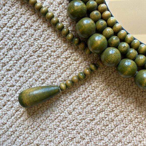 VTG Green Wooden Beads Tassels Frame Oval Mirror Boho Wall Hanging Cottagecore - Picture 11 of 17